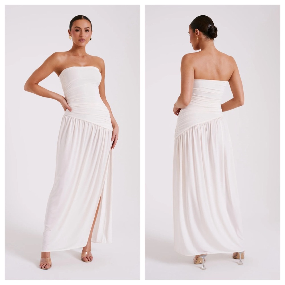 meshki - NWT bex strapless slinky maxi dress with split ruched bodice stretch